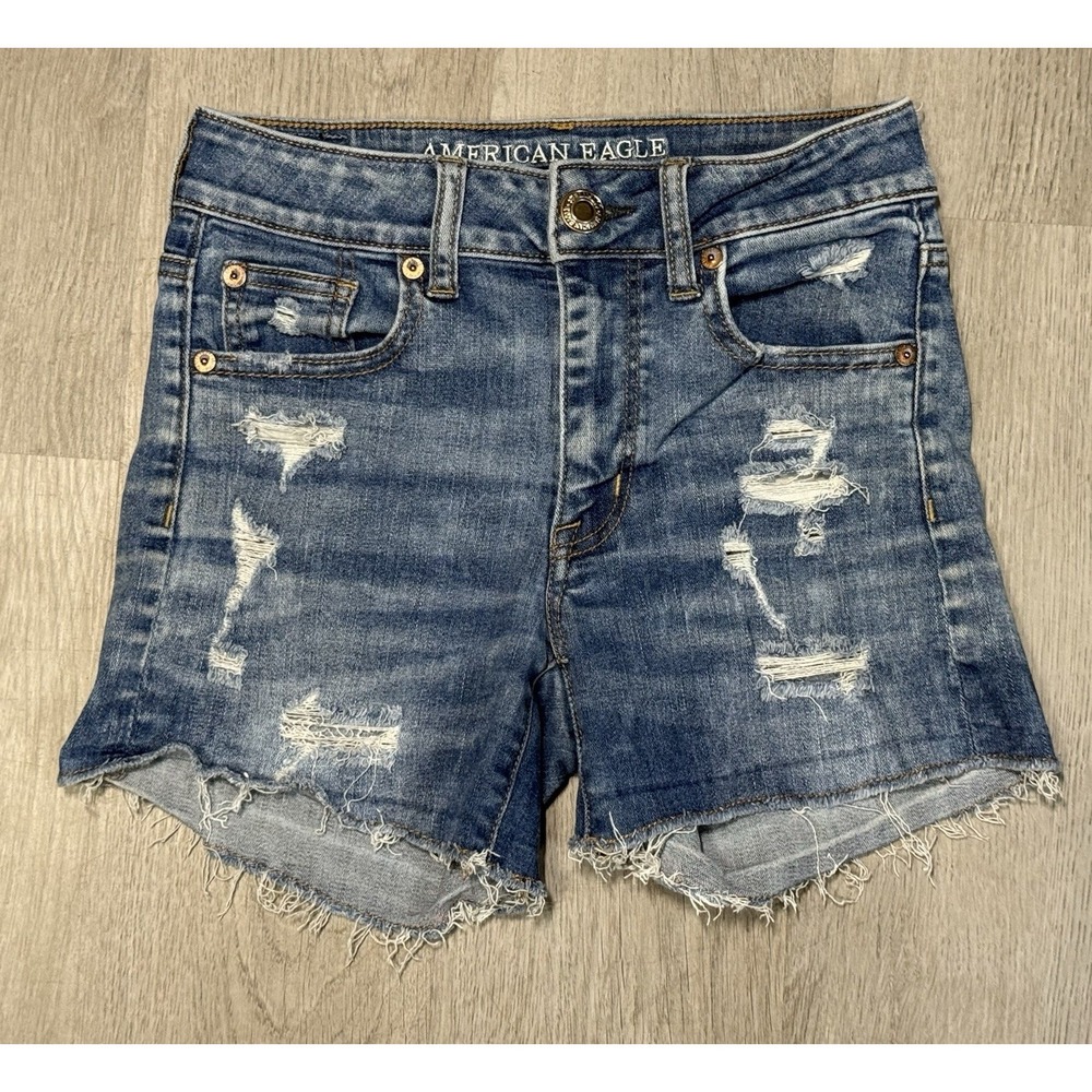 American Eagle Hi Rise Shortie Denim Shorts Women's 0 Distressed Cut Off Stretch